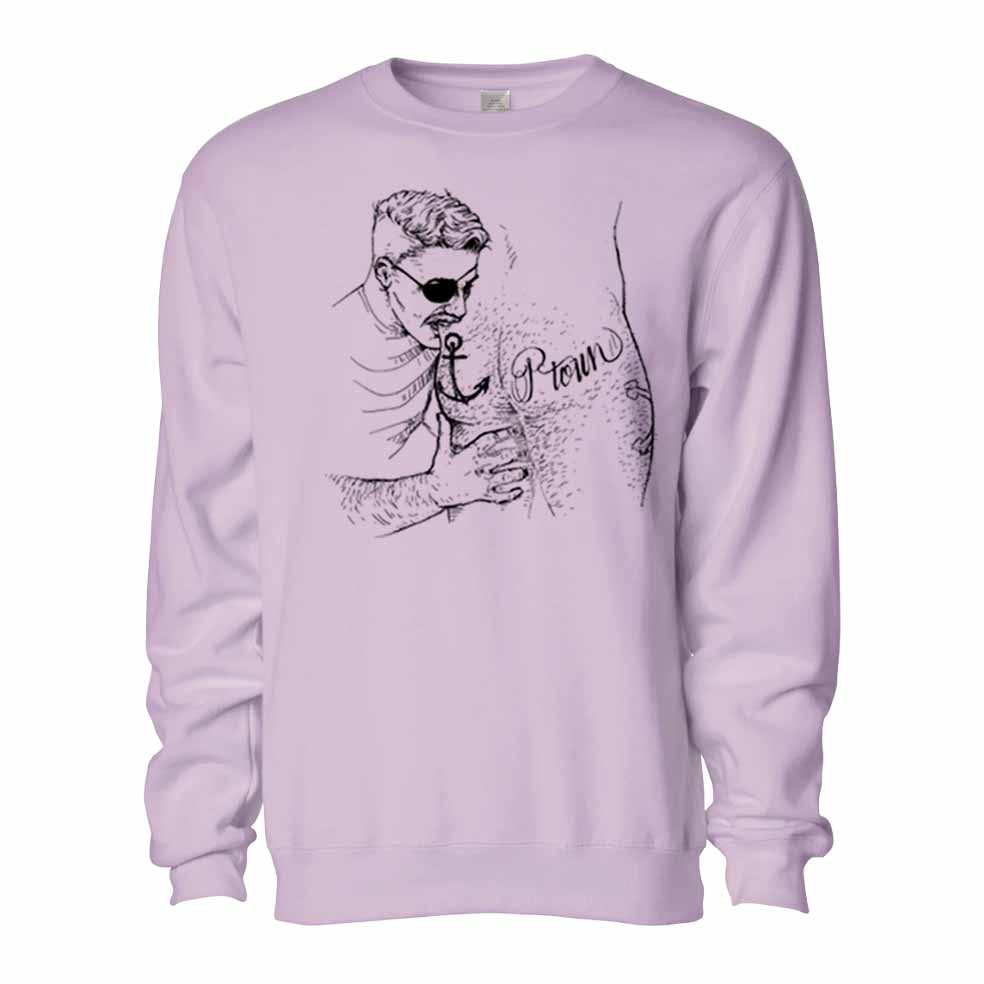 Light purple sweatshirt with black  butt pirate graphic design on a white background