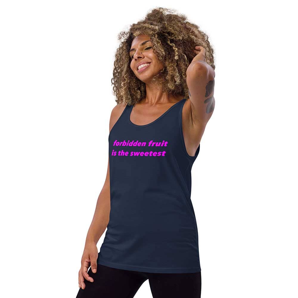 forbidden fruit tank in navy on woman