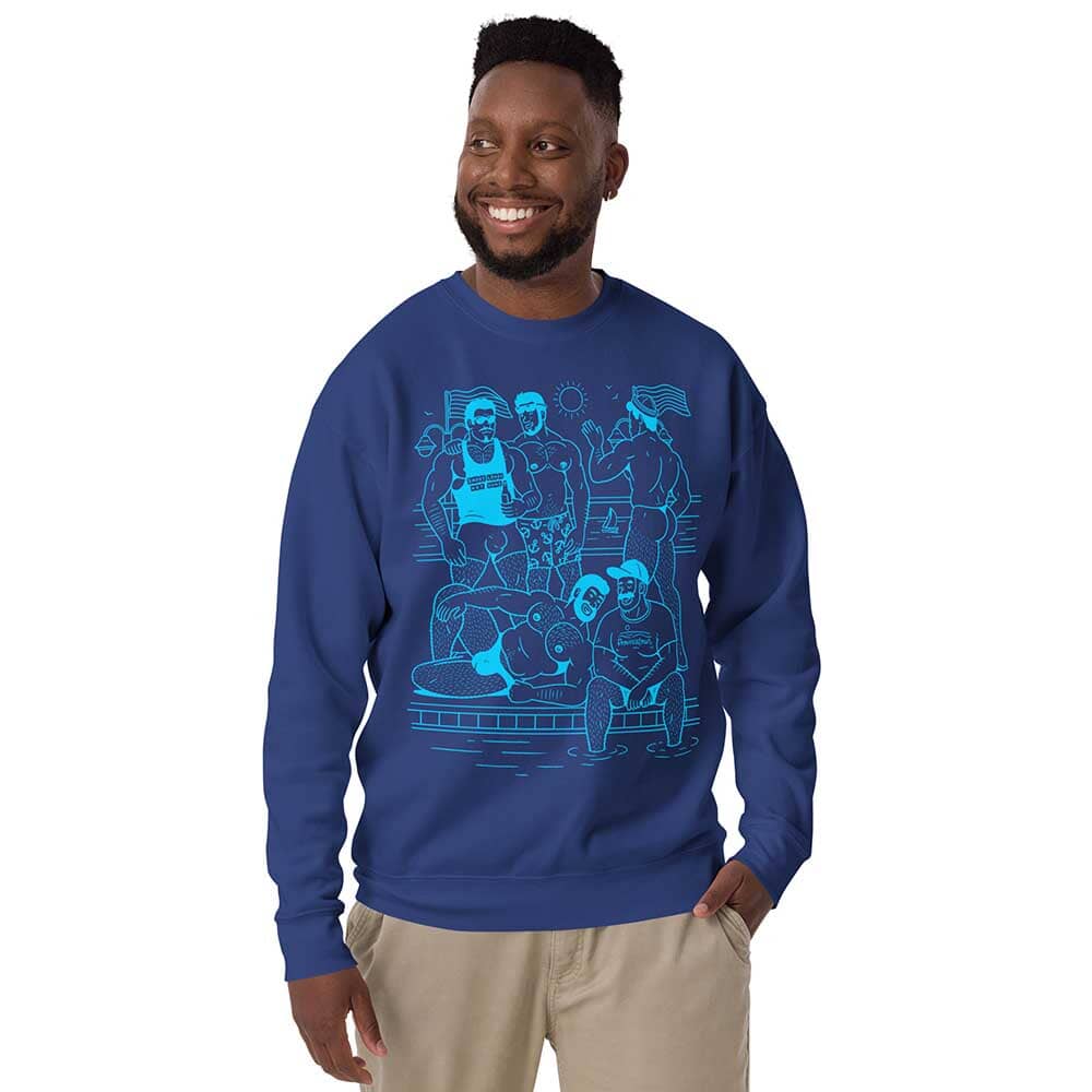 Ptown Boatslip Tea Crew Sweatshirt Light Aqua Print royal on man