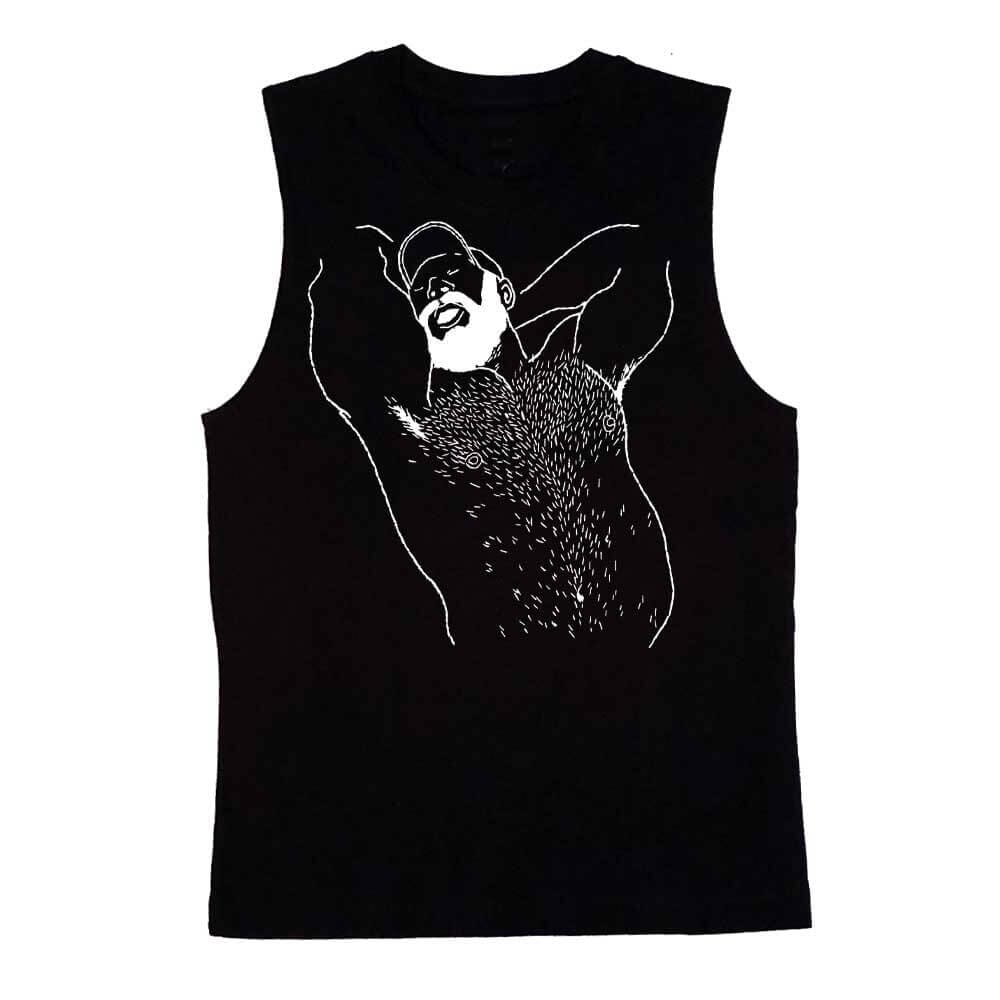 bearded bear arms up sleeveless black t-shirt