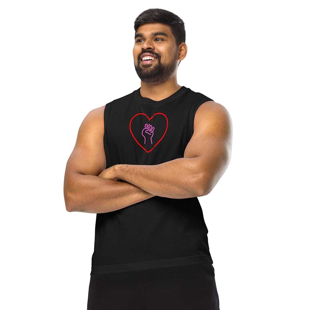 Man wearing a black sleeveless shirt with a red heart and pink solidarity fist design on a white background
