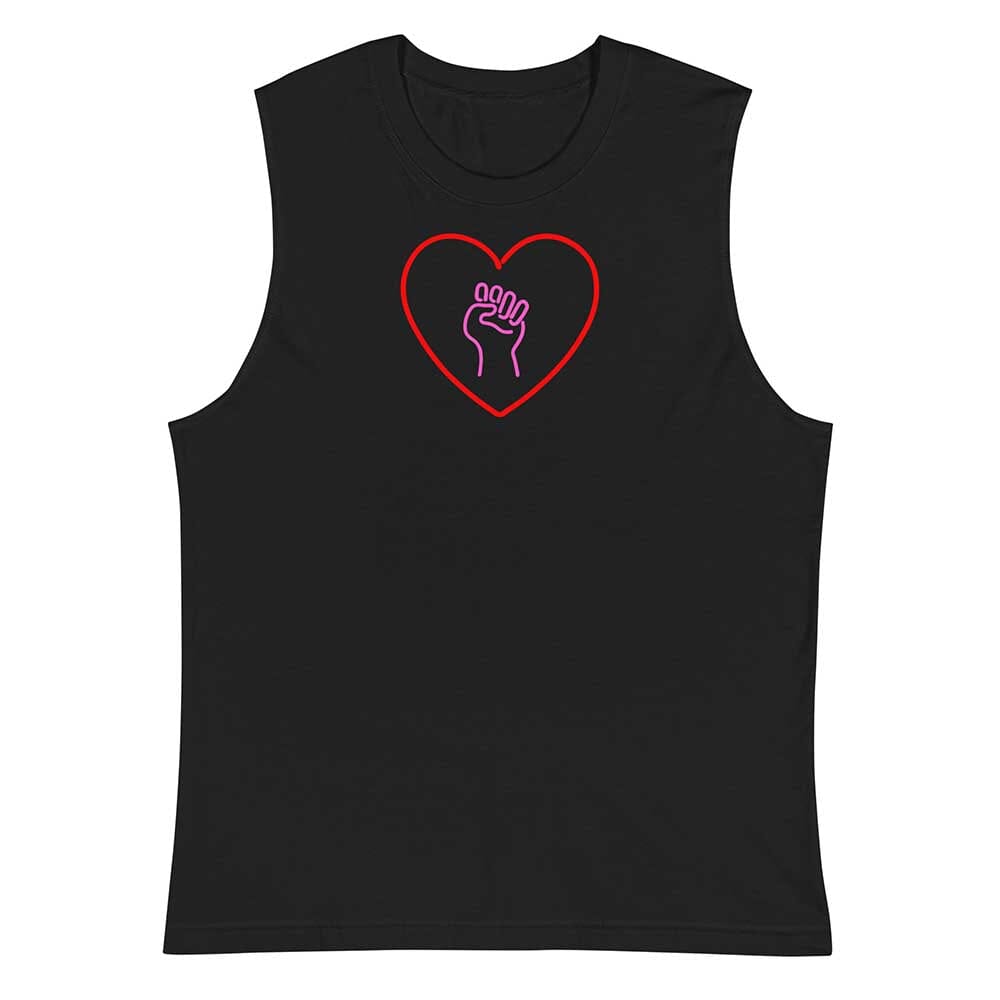 Black sleeveless shirt with a heart and pink solidarity fist design on a white background
