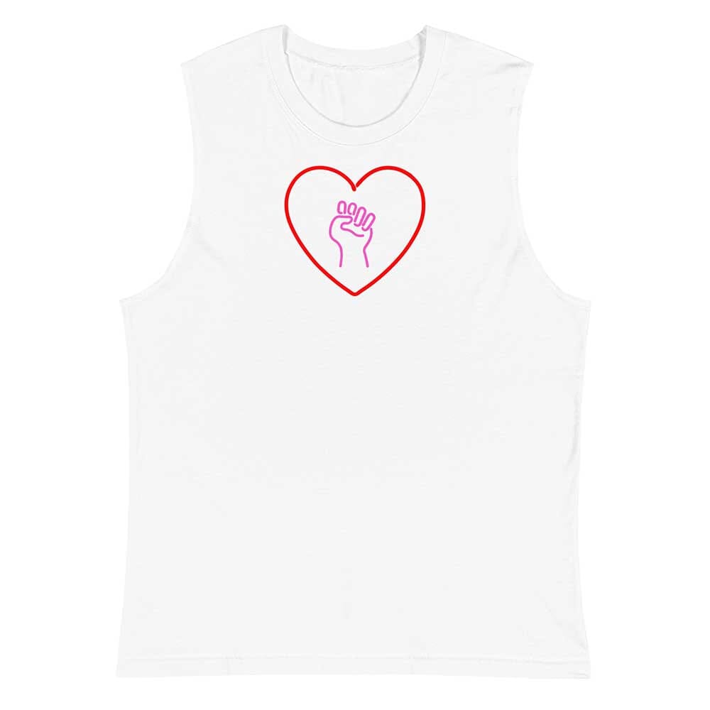 White sleeveless shirt with a red heart and pink solidarity fist symbol on a white background
