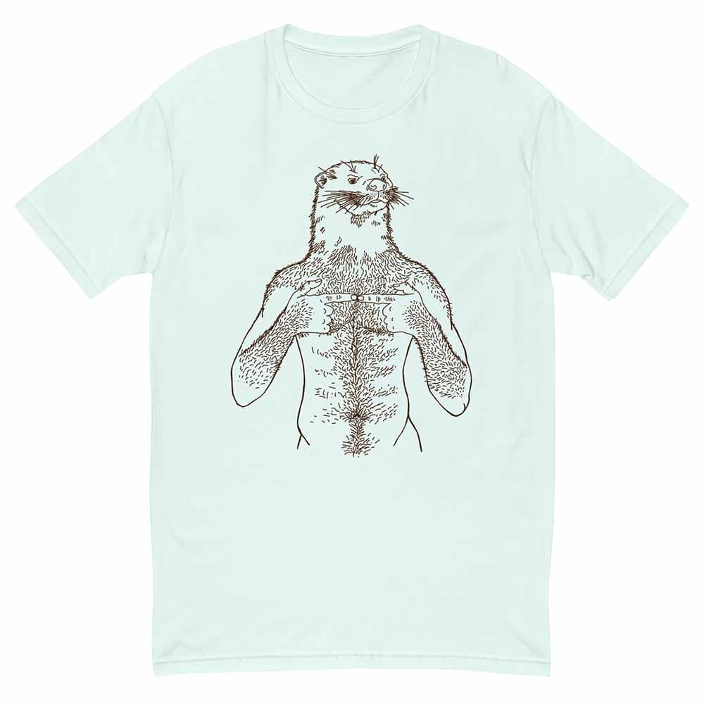 Light blue t-shirt with a otter man design on a white background