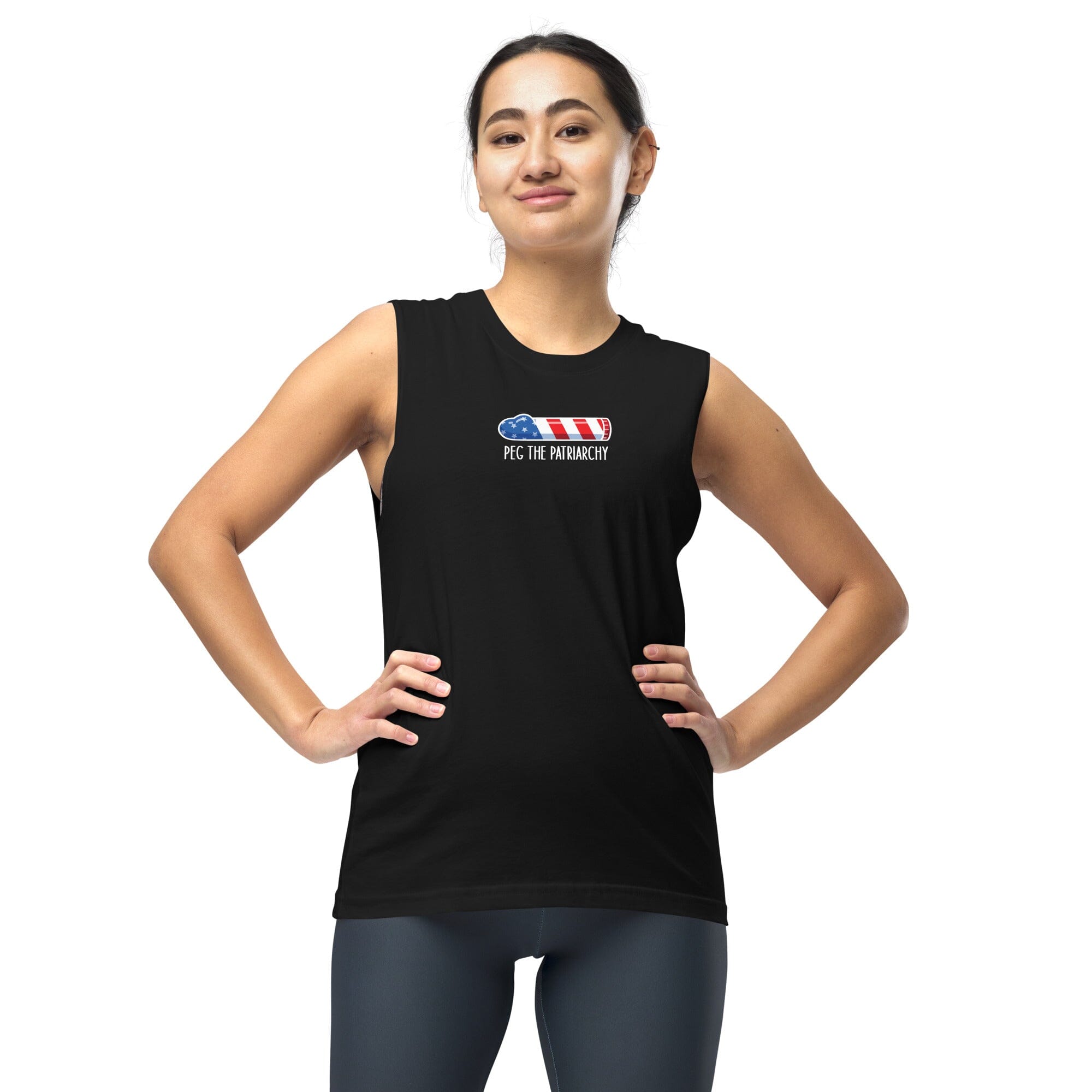 Peg the Patriarchy Sleeveless T-shirt black on woman