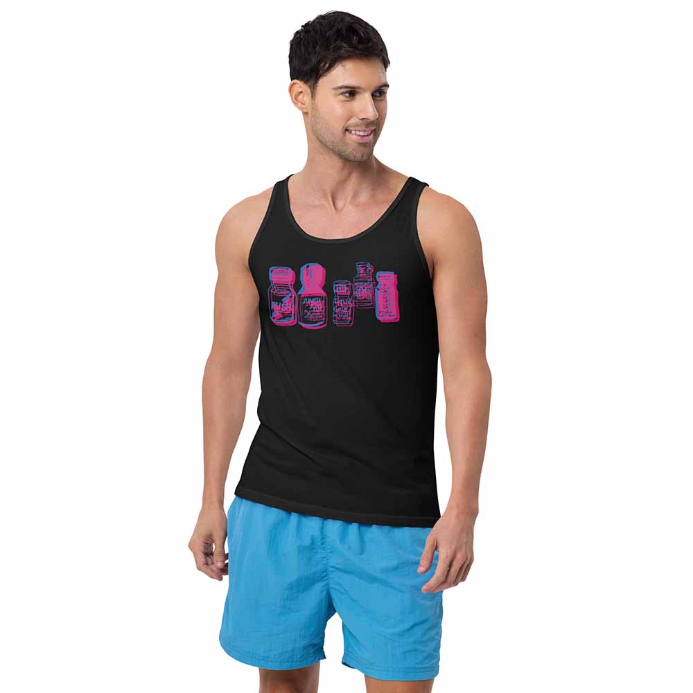 poppers graphic black tank on man