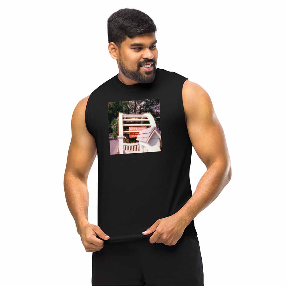 now serving raw cock black sleeveless t-shirt on man