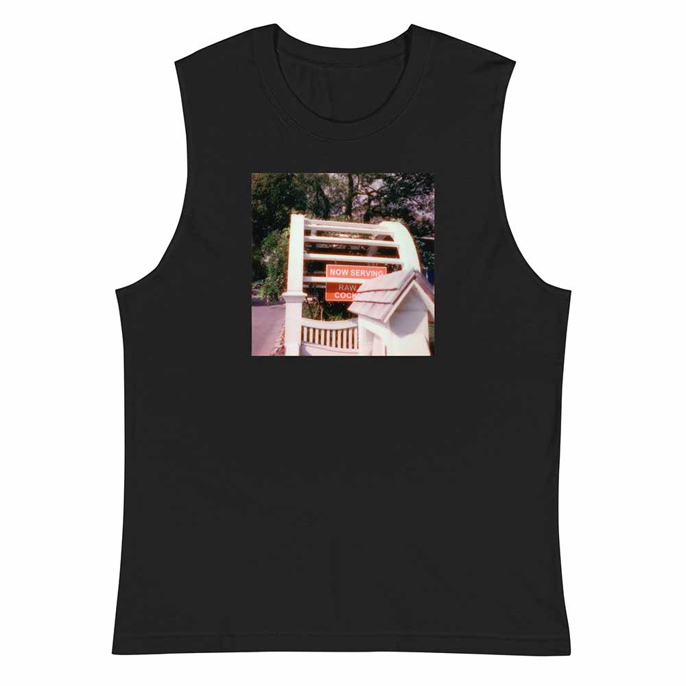now serving raw cock black sleeveless t-shirt