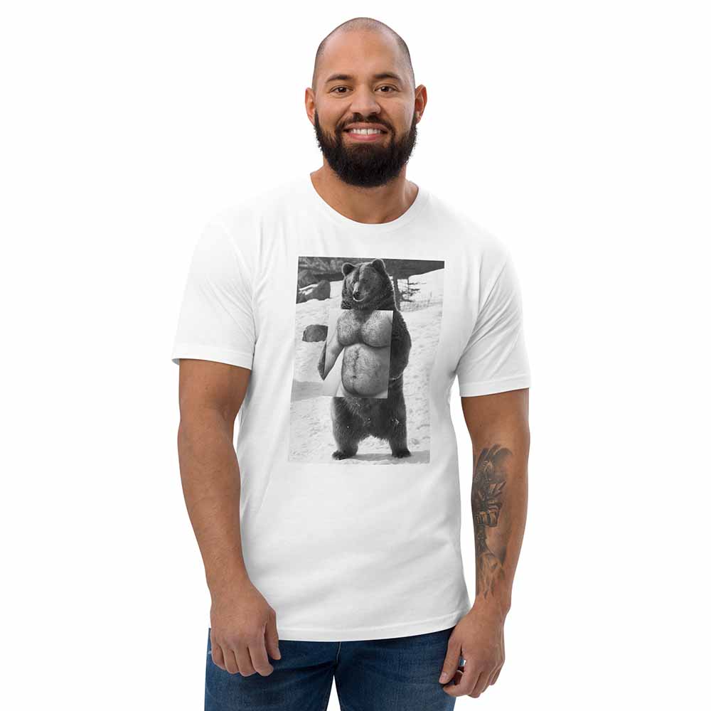 Man wearing a white t-shirt with a graphic of a bear on a white background