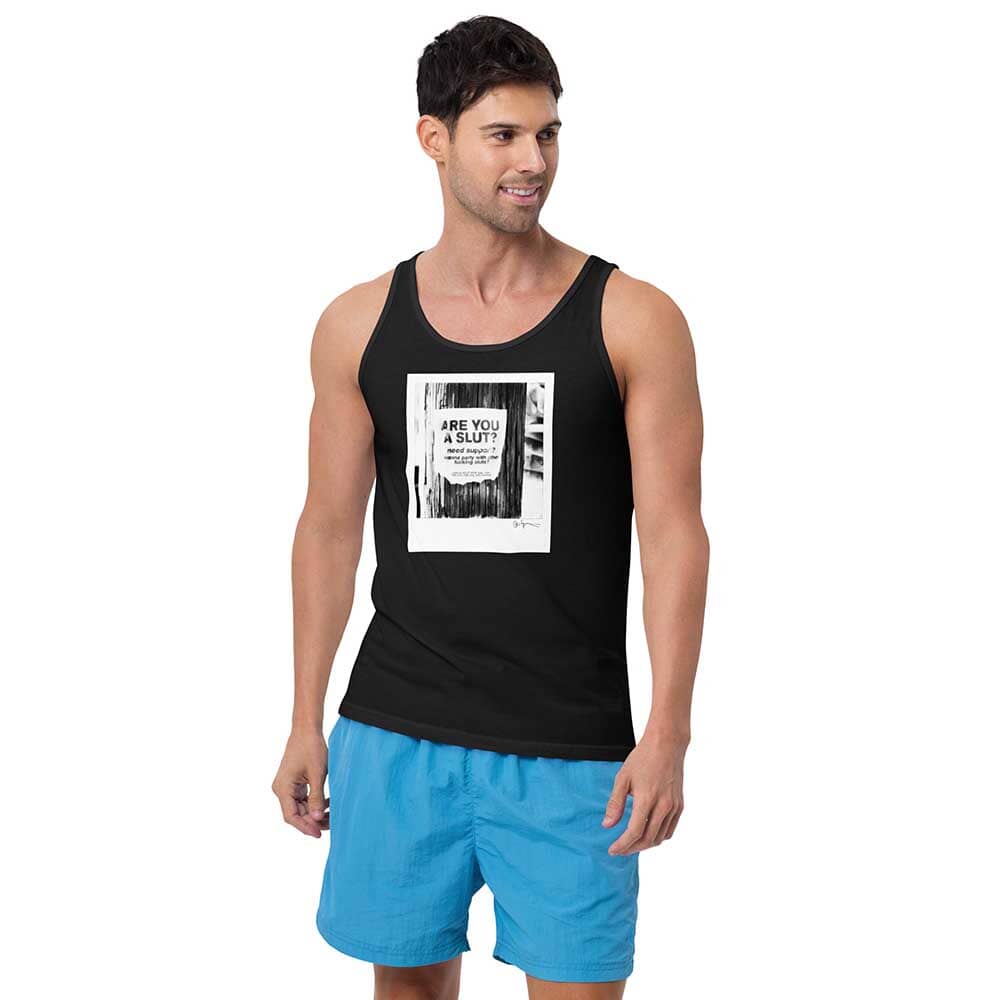 are you a slut? black tank on man