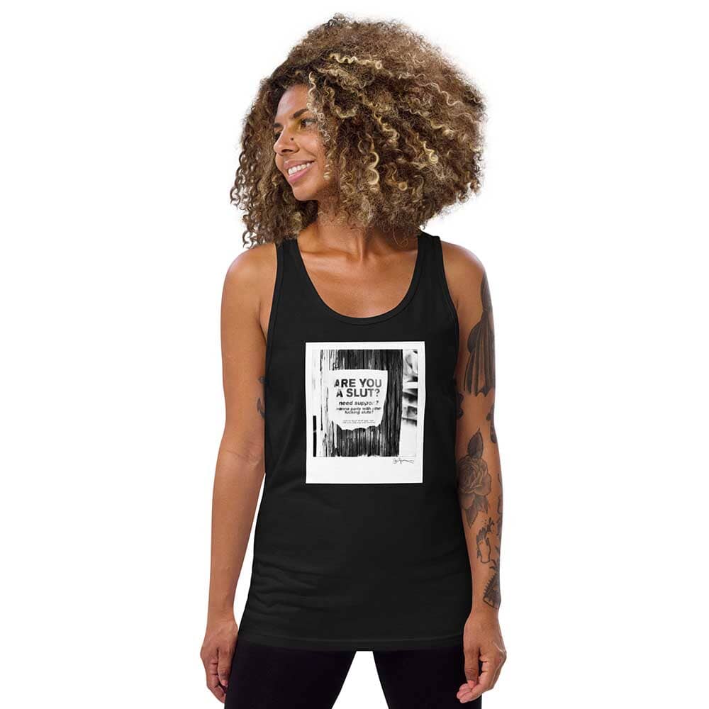 are you a slut? black tank on woman