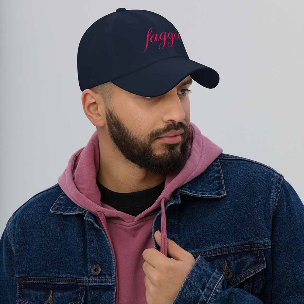 faggot navy  twill dad hat on man