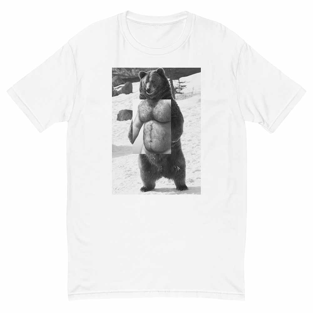 White t-shirt with a graphic of a bear on a white background