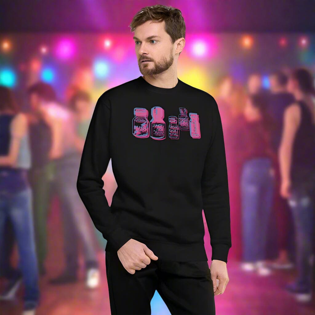 Man wearing a black long-sleeve shirt with pink graphic design on a white background