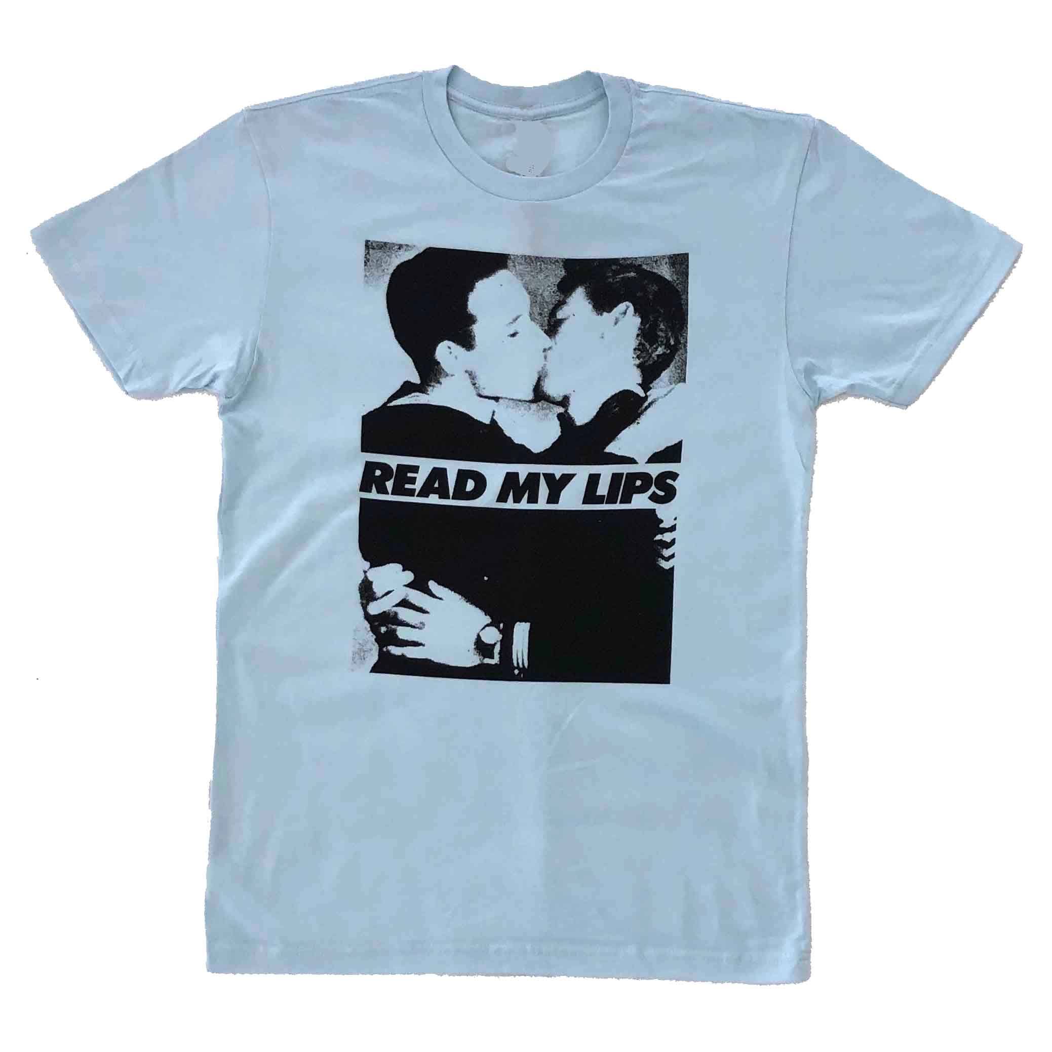 read my lips gran fury vintage photo men kissing t-shirt light blue