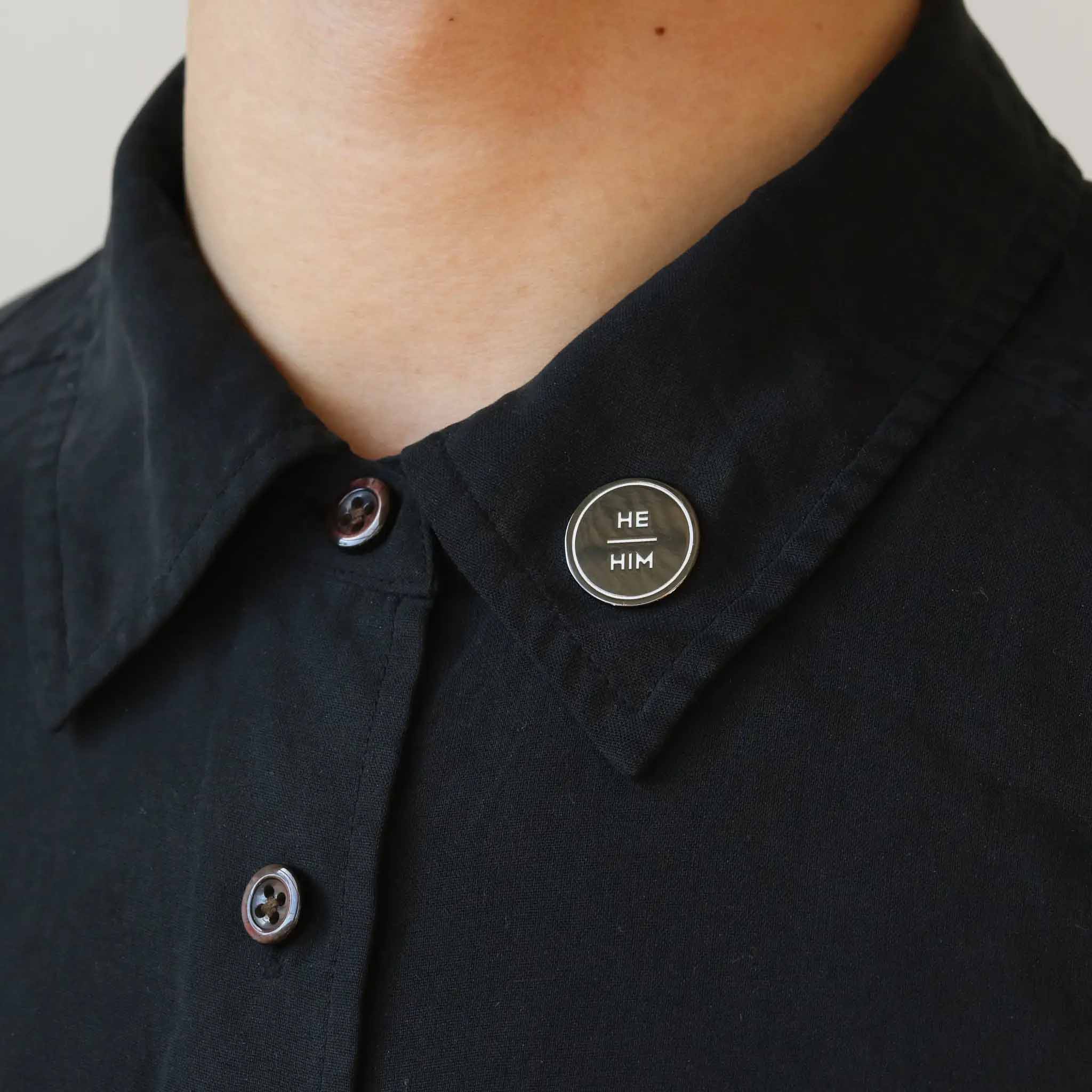 he him pronoun pin on collar