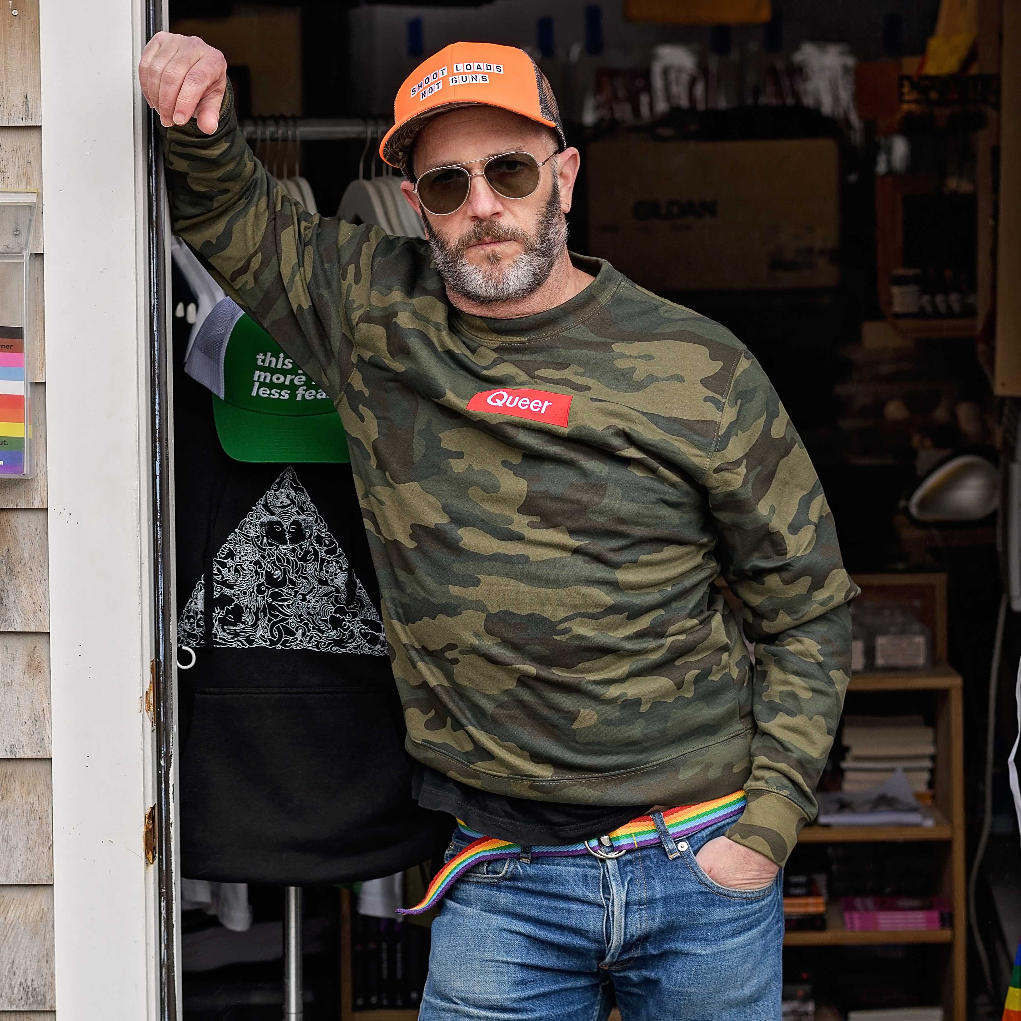 queer camo crew sweatshirt on adam singer