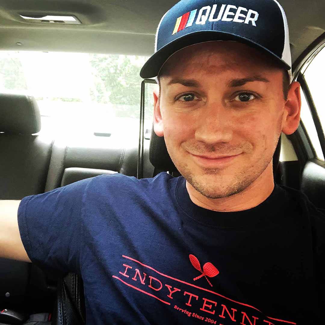 Stripe Queer Trucker Mesh Snapback Hat Navy White on jon scott