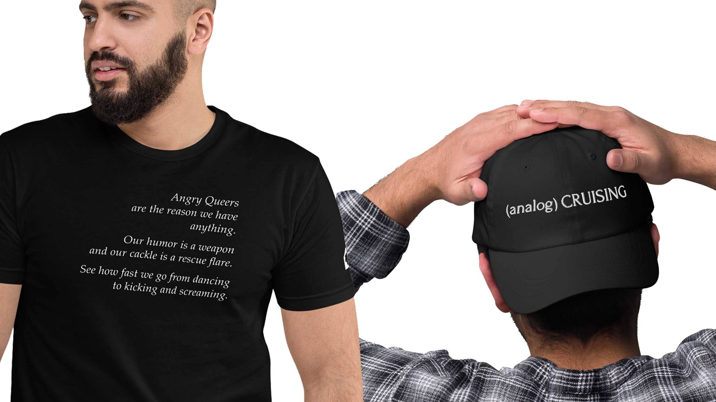 leo herrera x adam's nest angry queers tee and analog cruising dad hat on models
