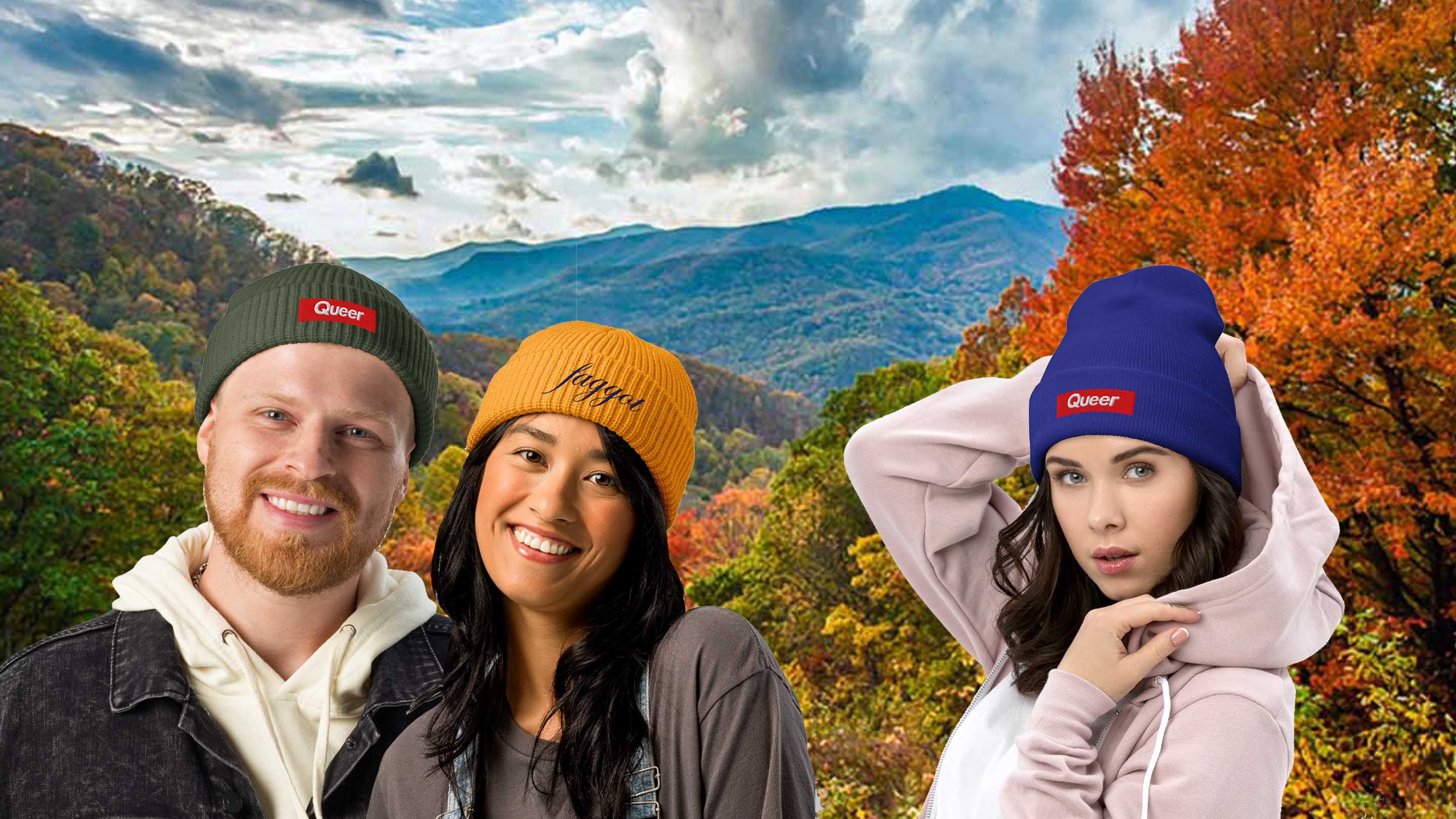 queer and faggot beanies on people in front of fall foliage