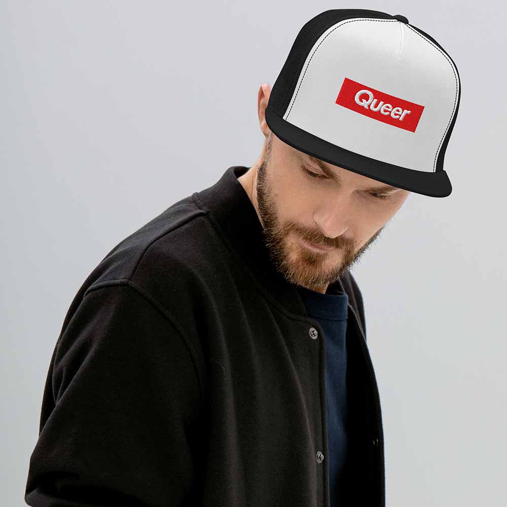 queer 5-panel-trucker-cap-black mesh white on man