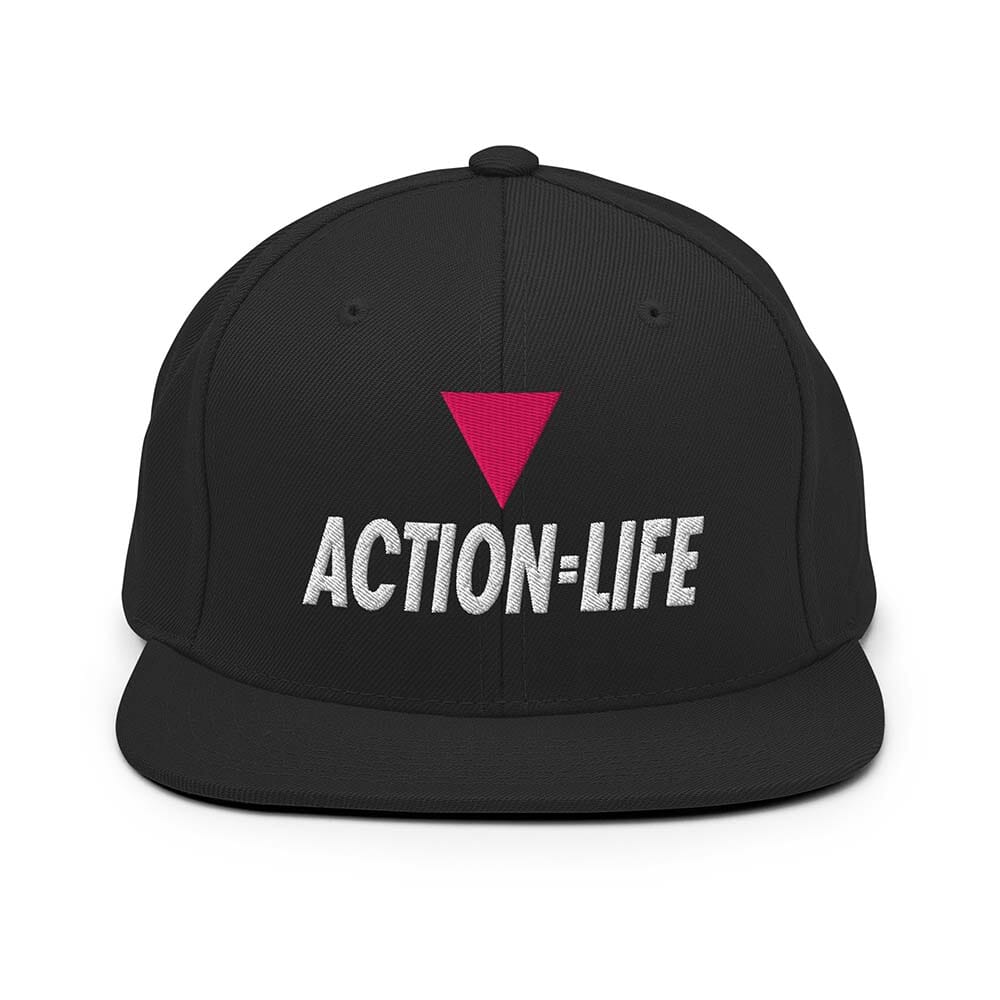 Black cap with 'ACTION-LIFE' text and pink triangle logo on a white background