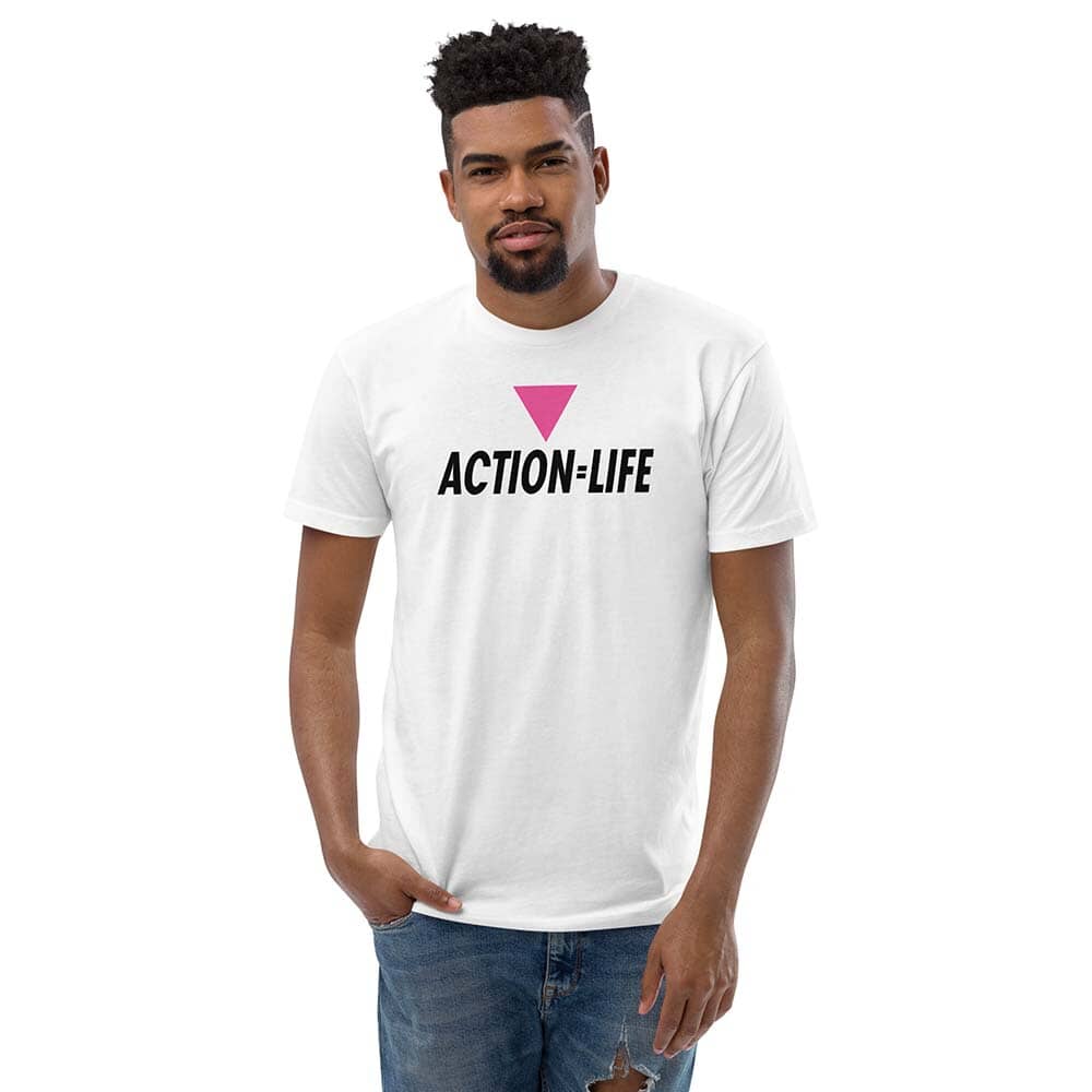 Man wearing a white t-shirt with 'ACTION-LIFE' text and pink triangle design on a white background