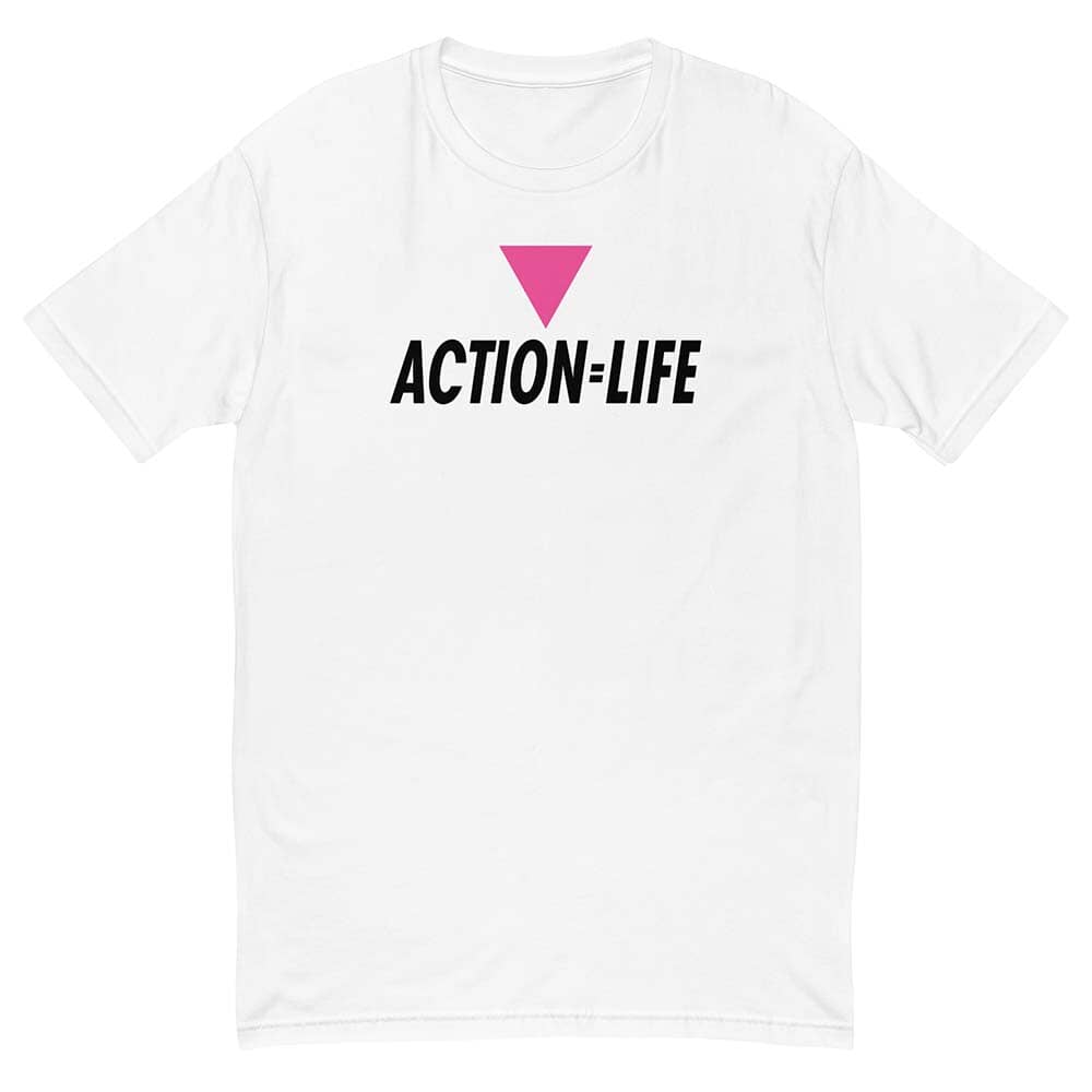 White t-shirt with 'ACTION=LIFE' text and pink triangle on a white background
