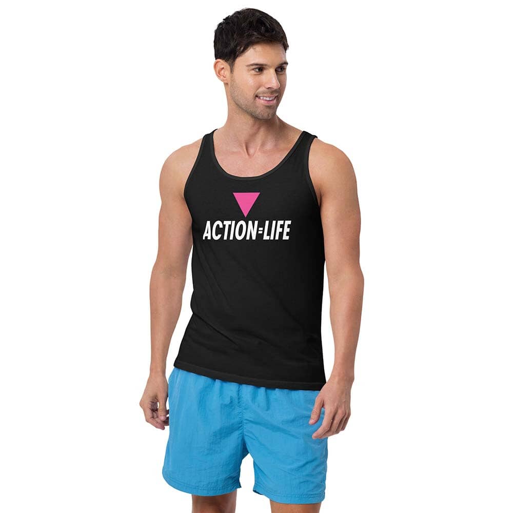 Man wearing a black tank top with &
