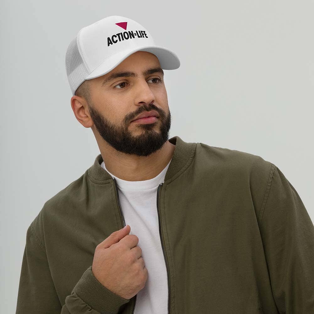 white trucker mesh snapback reading action = life on man