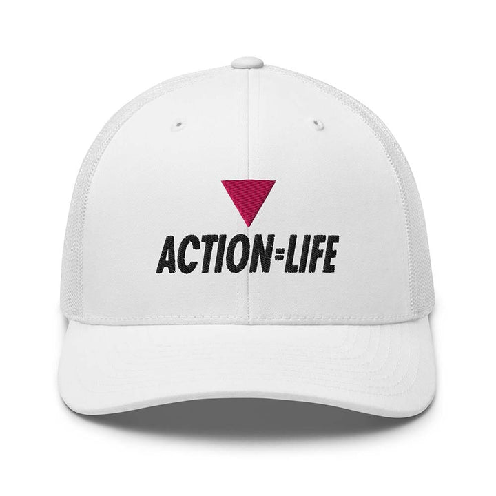 white trucker mesh snapback reading action = life
