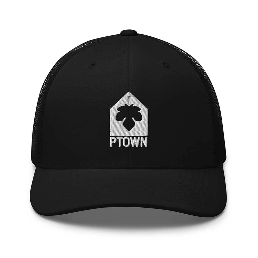 Black cap with white logo and PTOWN text on a white background