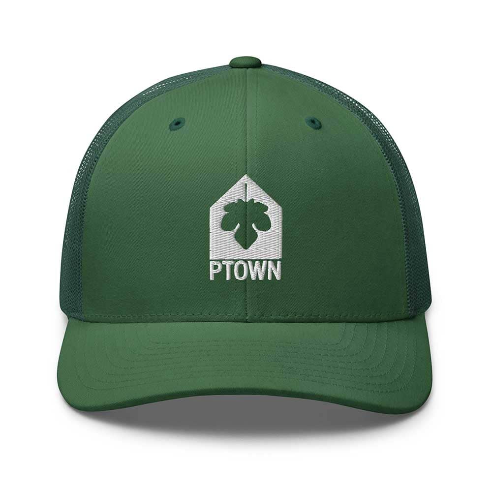 Green cap with a white logo and PTOWN text on a white background
