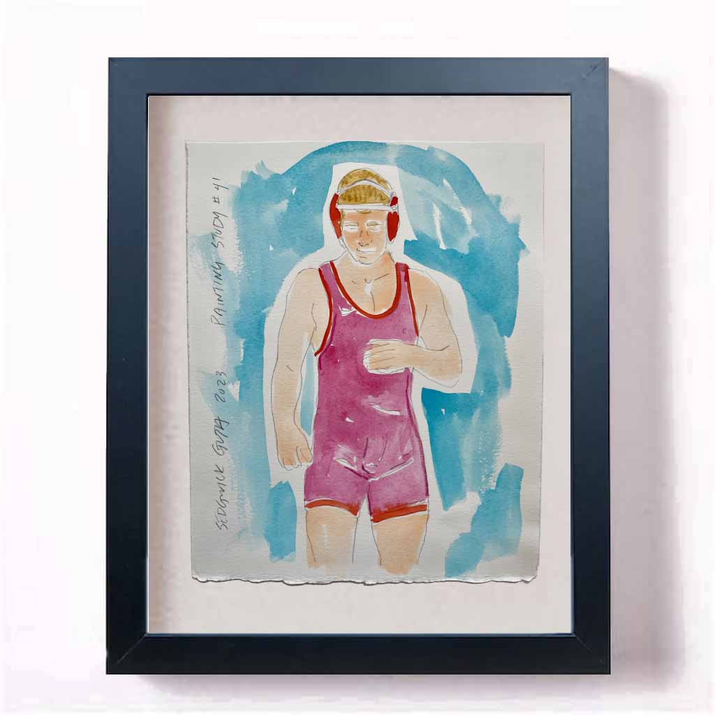 watercolor of man in a wrestling singlet and gear