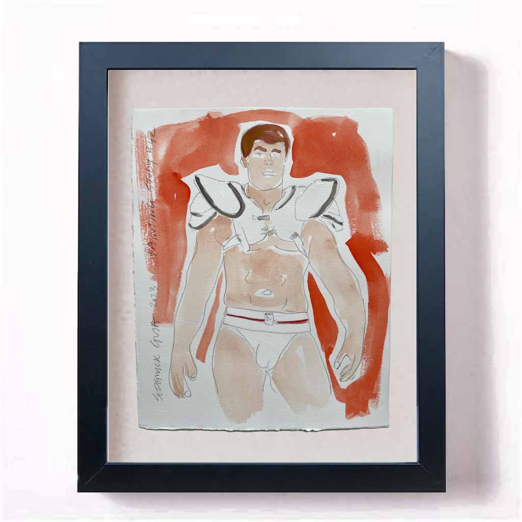 watercolor of nude football player in a jockstrap and gear
