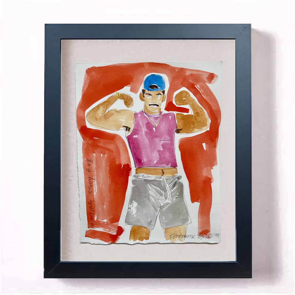 watercolor mustached man flexing biceps