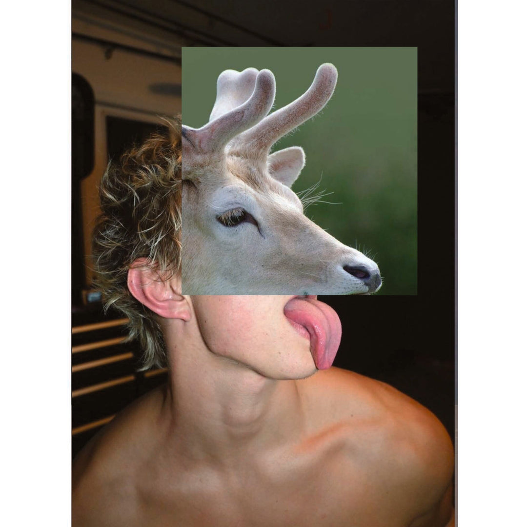 Queer collage postcard by Naro Pinosa combining a young deer&