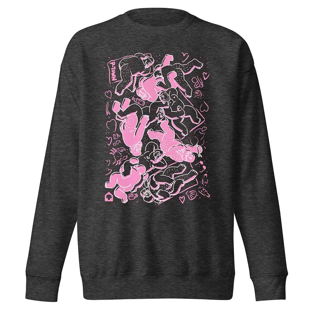 Dark gray sweatshirt with BEARPAD pink graphic design on a white background