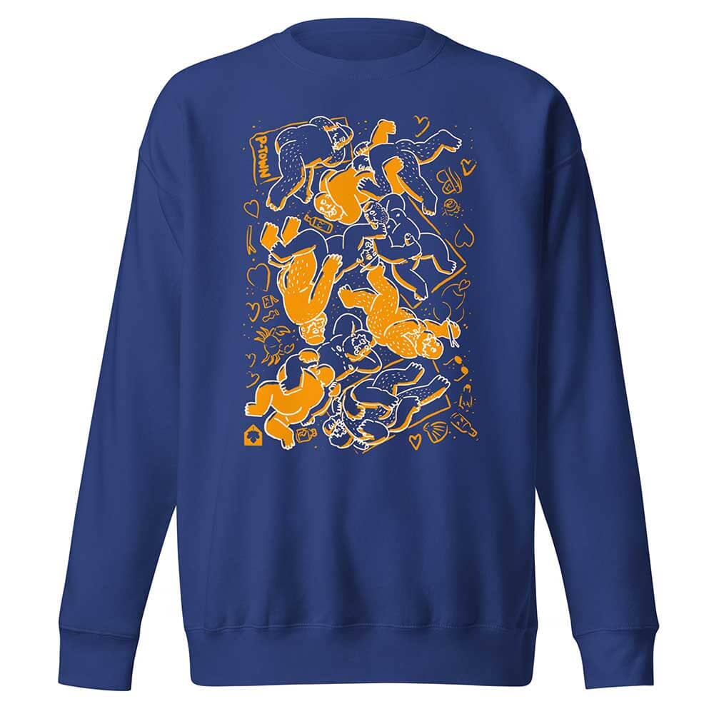 Blue sweatshirt with bearpad orange and white graphic design on a white background