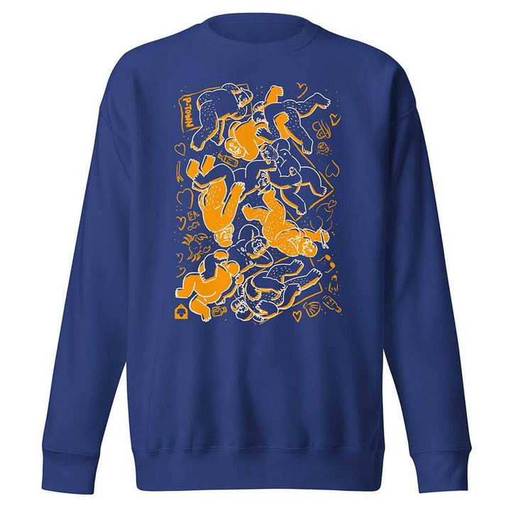 Blue sweatshirt with bearpad orange and white graphic design on a white background