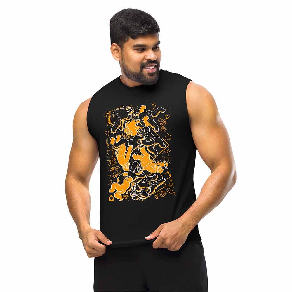 BEARPAD UNISEX MUSCLE SLEEVELESS T-SHIRT ADAMS NEST ORANGE WHITE on man
