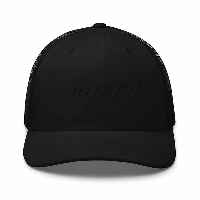 Black-on-black Faggot Script Mesh Trucker Snapback Hat