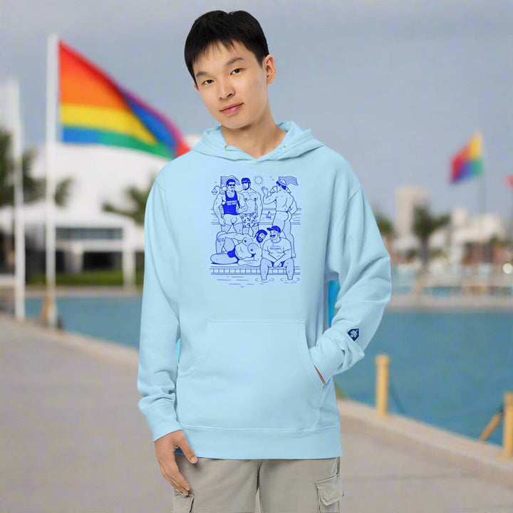 Person wearing a light blue hoodie with  with HEY BEEFCAKE graphic design on a white background