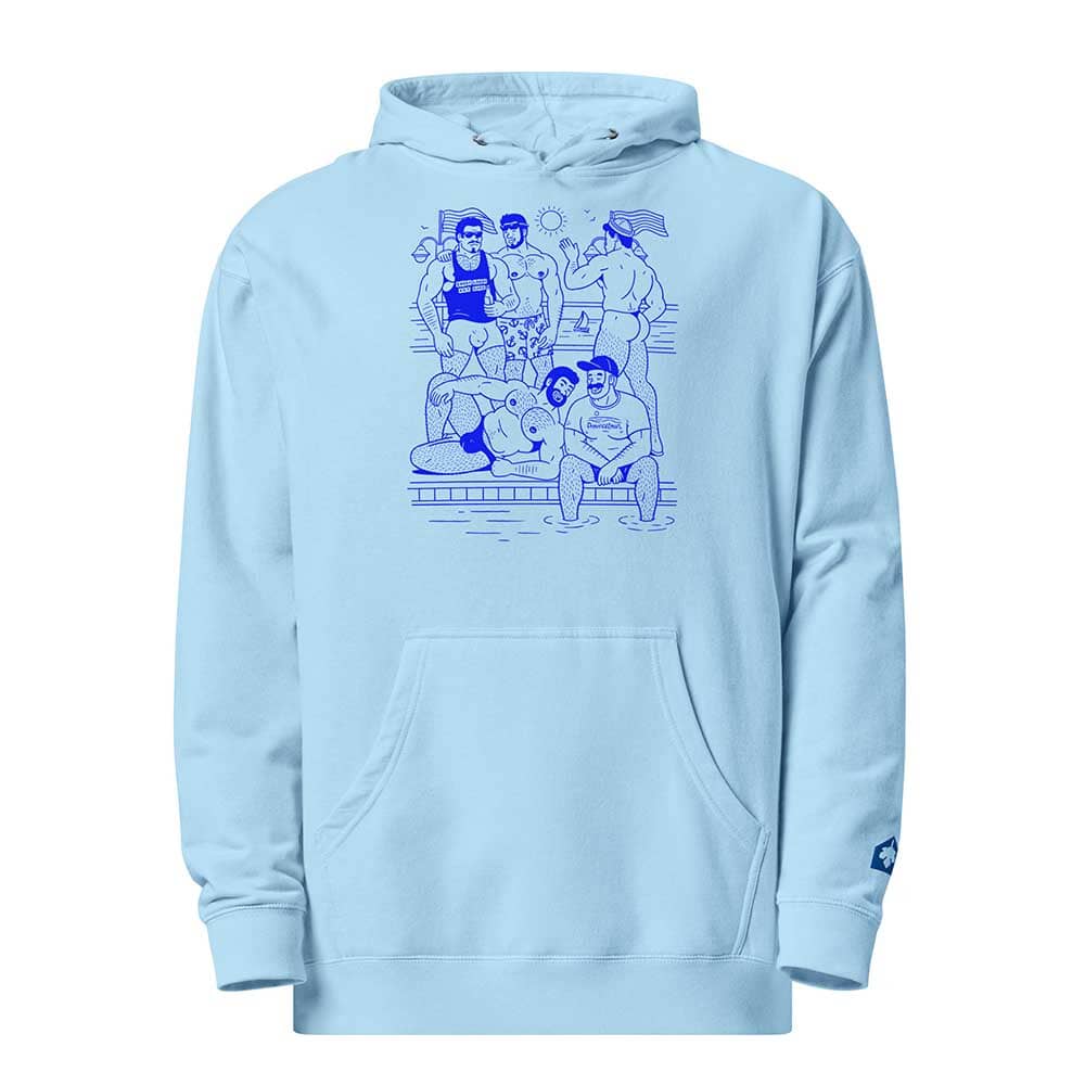 Light blue hoodie with HEY BEEFCAKE blue graphic design on a white background