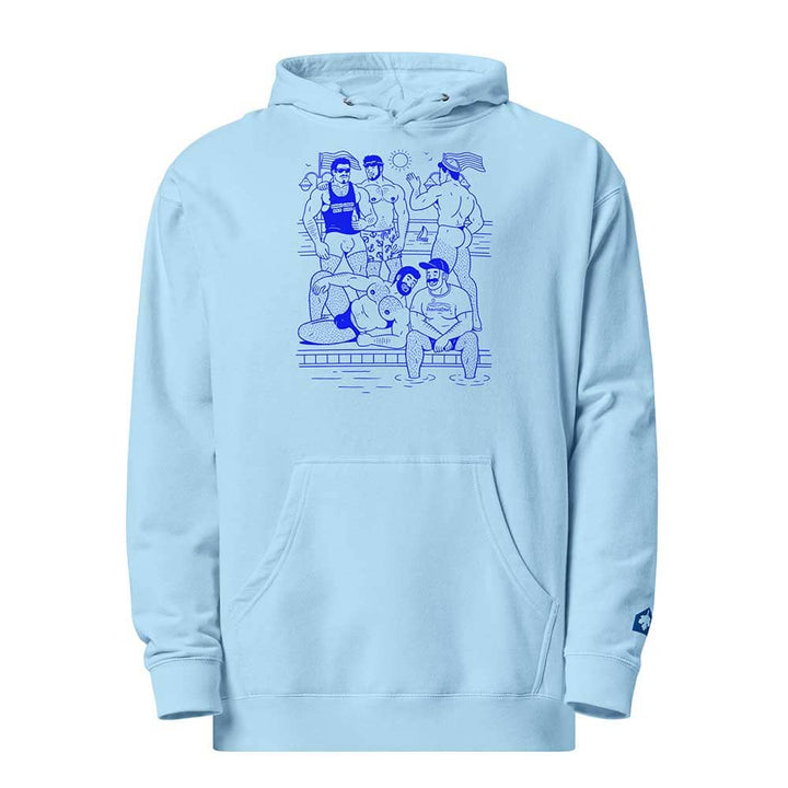 Light blue hoodie with HEY BEEFCAKE blue graphic design on a white background