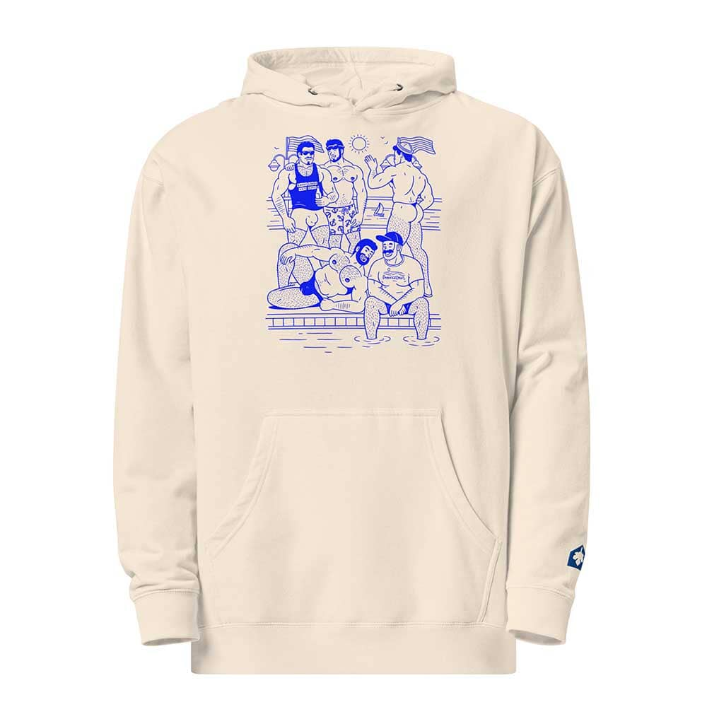 Beige hoodie with HEY BEEFCAKE blue graphic design on a white background