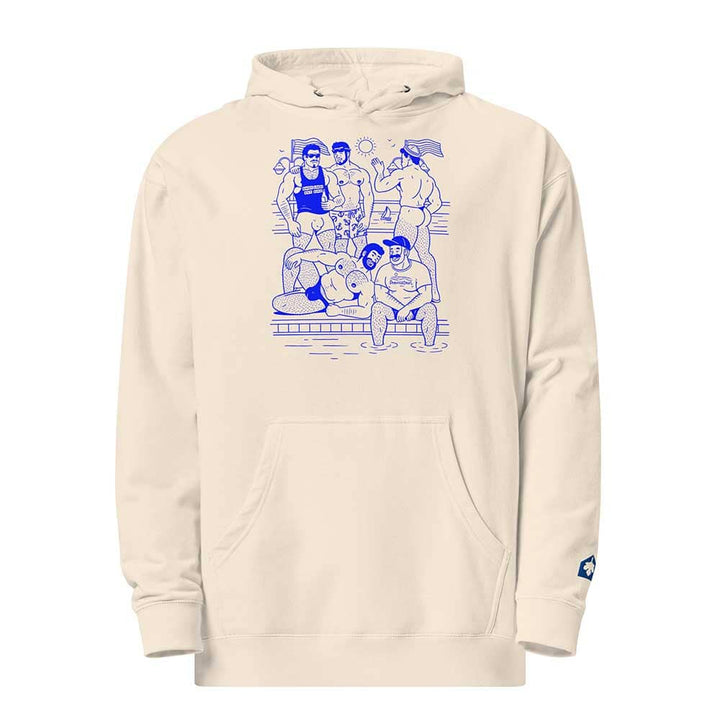 Beige hoodie with HEY BEEFCAKE blue graphic design on a white background