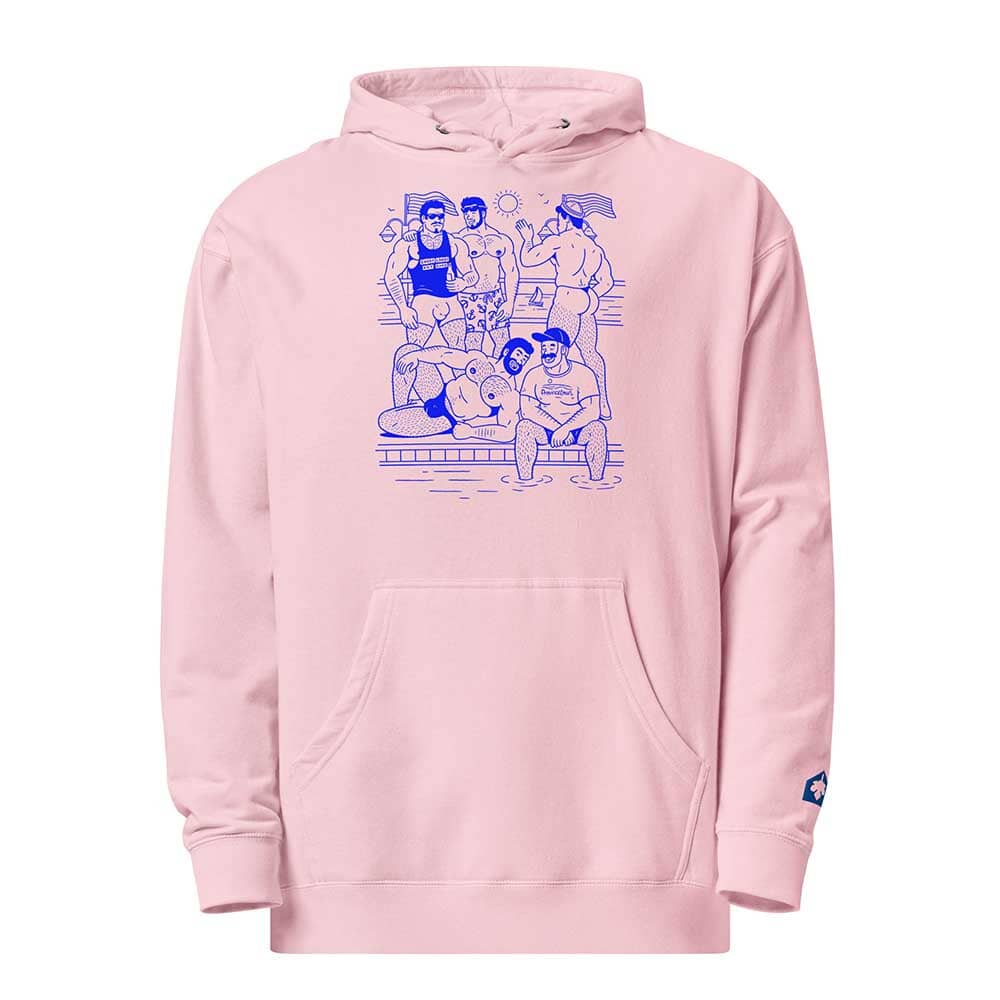 Pink hoodie  with HEY BEEFCAKE  blue graphic design on a white background