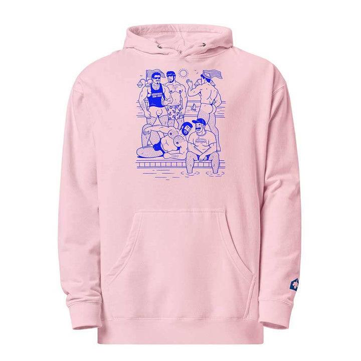Pink hoodie  with HEY BEEFCAKE  blue graphic design on a white background