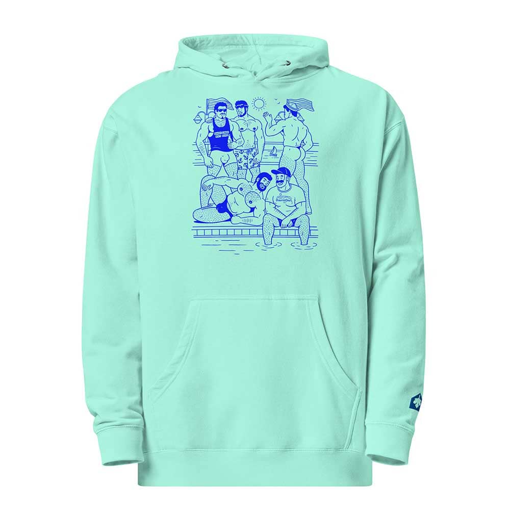 Mint green hoodie  with HEY BEEFCAKE blue graphic design on a white background